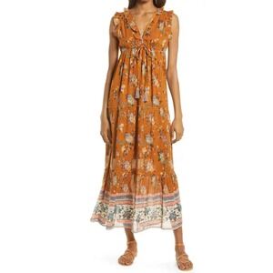 Raga Floral Maxi Dress Size L Mustard Yellow Boho Tiered V Neck Ruffle Feminine